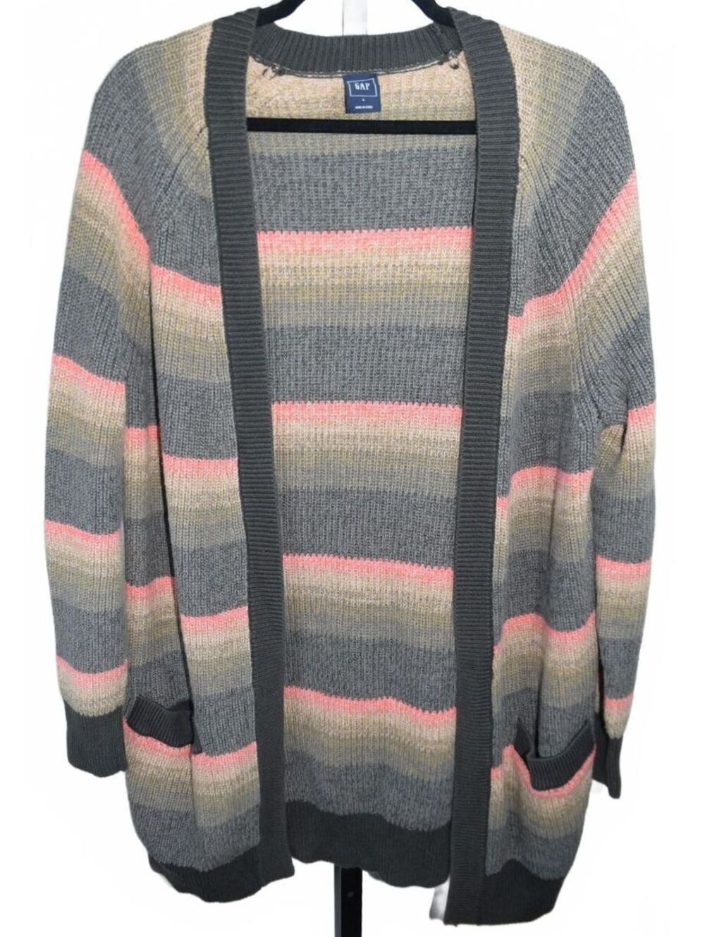 Gap Open Front Cardigan Sweater Striped Grey Pink Ribbed Trim Patch Pockets L